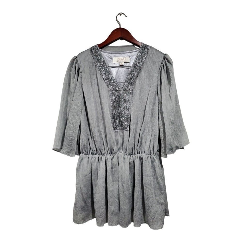 American Glamour by Badgley Mischka Womens Shimmer V-Neck Beaded Blouse …